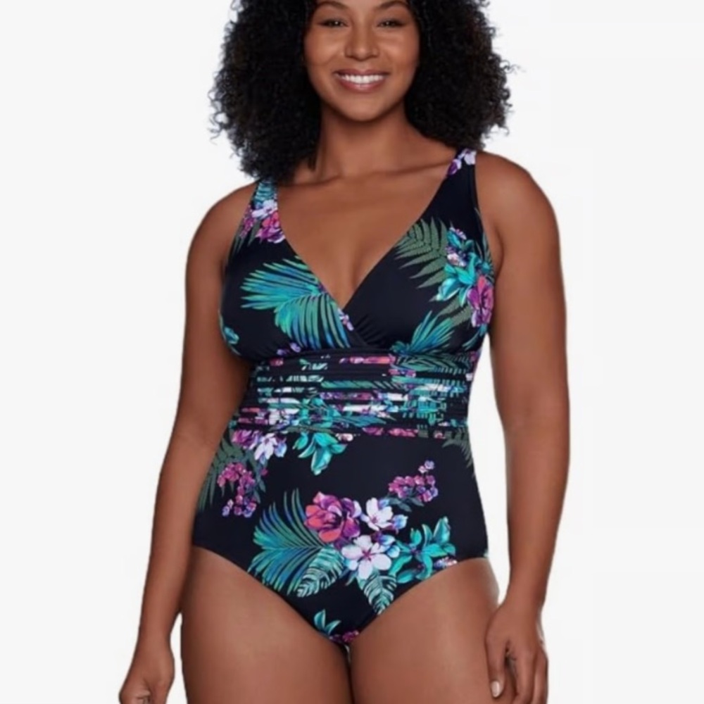 Aqua Green Tropical Floral Waist Detail One Piece Swimsuit Womens 16 NEW